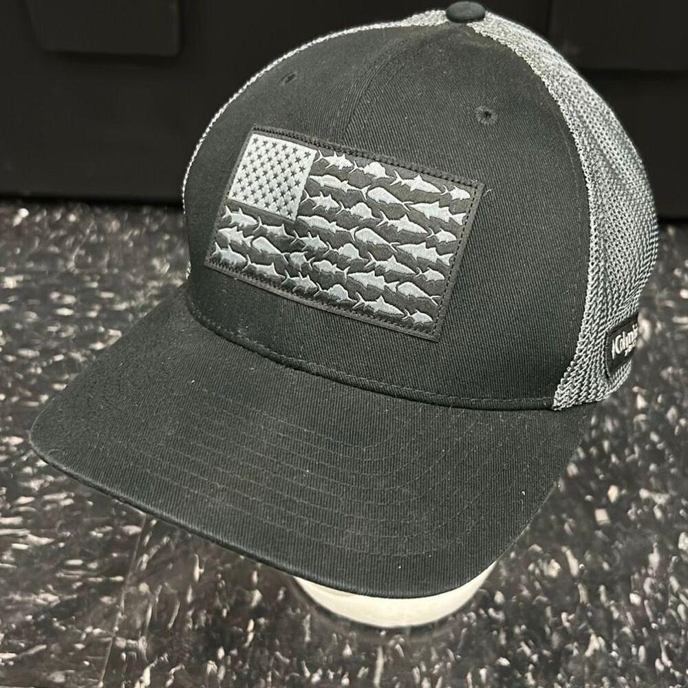 Columbia PFG Fish Flag Mesh Ball Cap Hat Trucker SnapBack Black Graphite Mesh